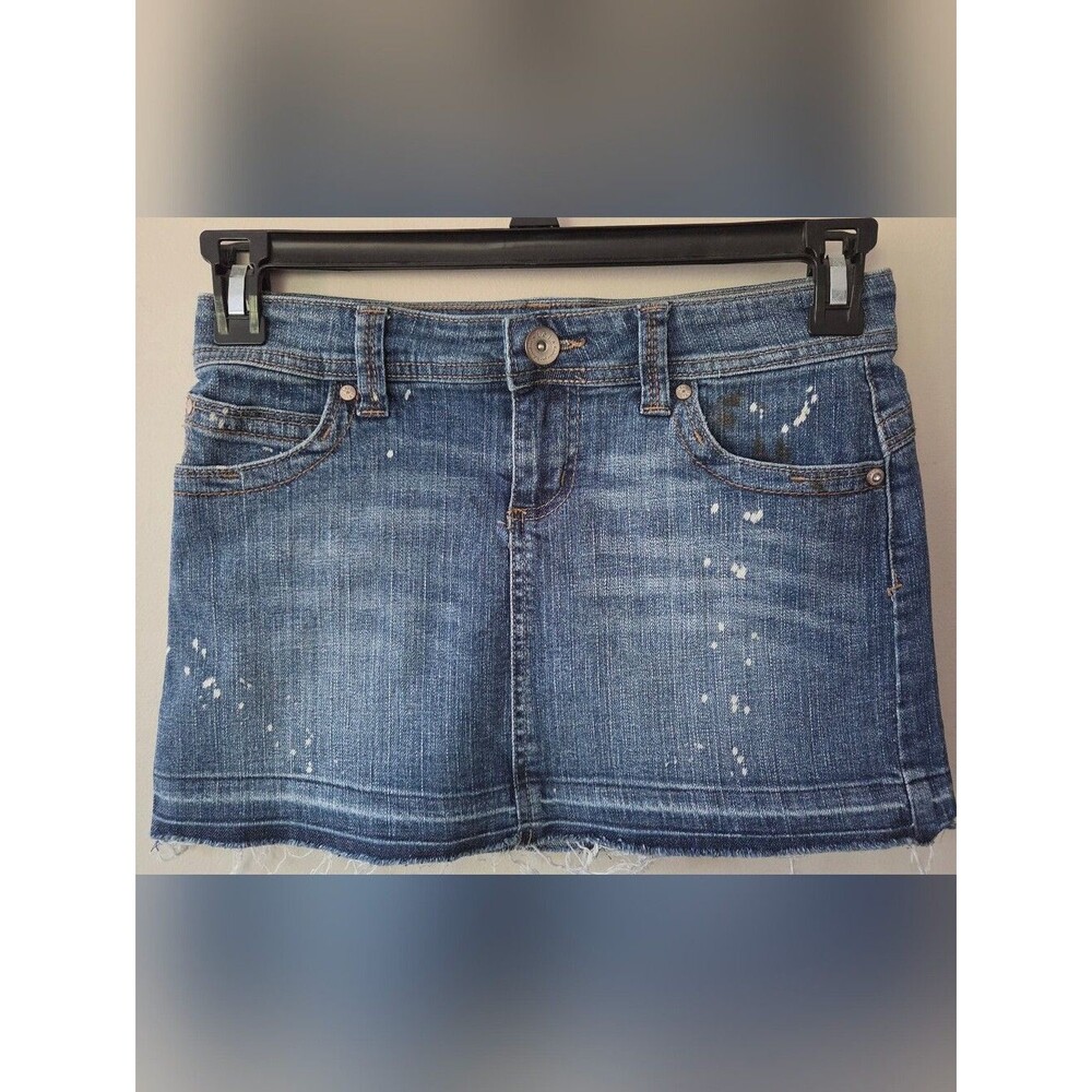 Vintage L.E.I. Mini Jean Skirt 30" Dark Wash Y2K Streetwear Raw Hem Distressed